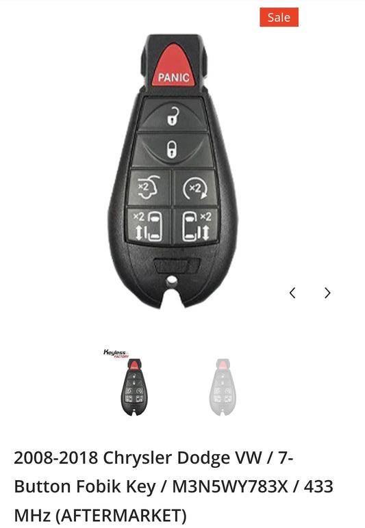 2008-2018 Chrysler Dodge VW / 7-Button Fobik Key / M3N5WY783X / 433 MHz